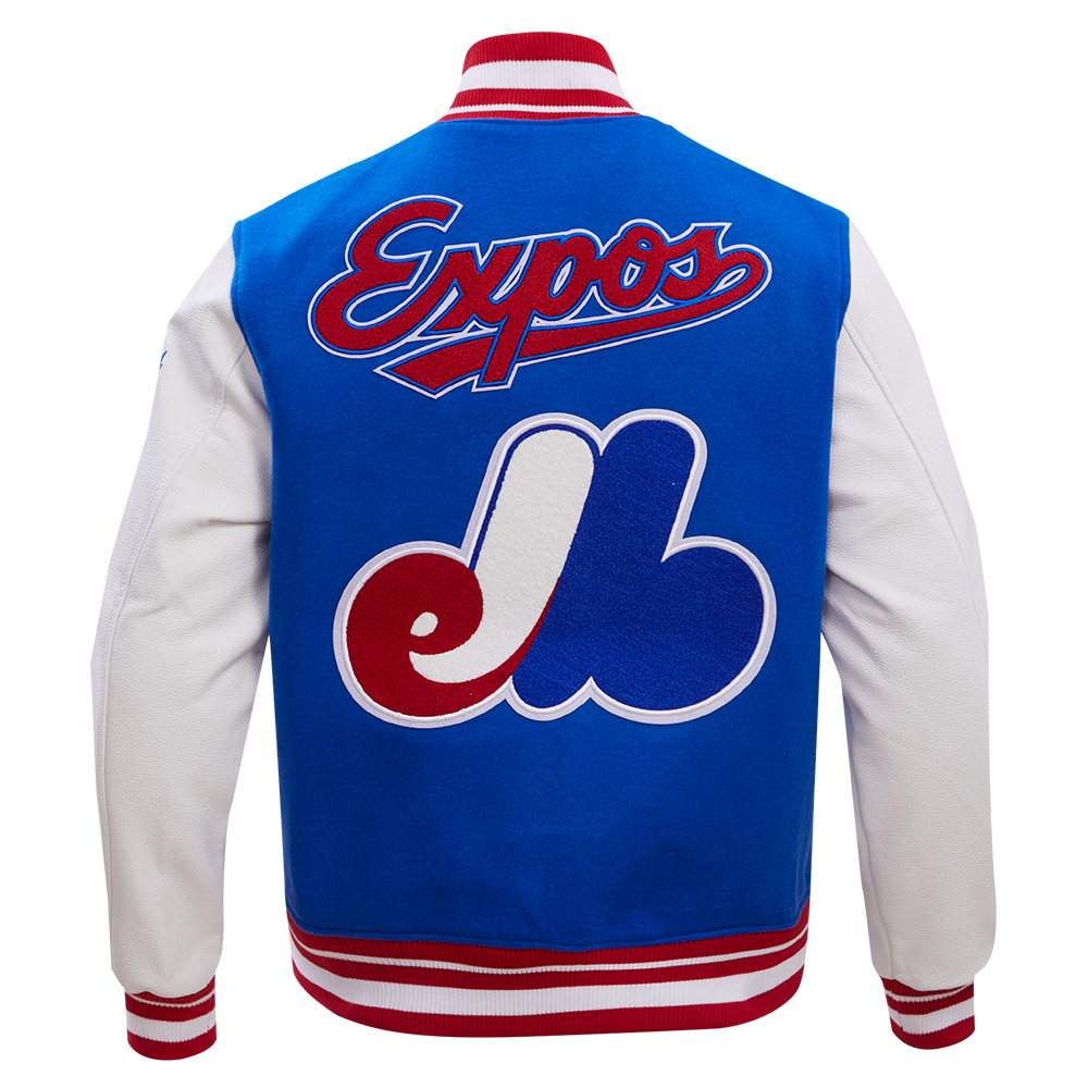 MLB MONTREAL EXPOS RETRO CLASSIC BLOUSON COLLÉGIAL EN LAINE À BORDS CÔTELÉS POUR HOMME (BLEU ROYAL/ROUGE)