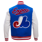 MLB MONTREAL EXPOS RETRO CLASSIC BLOUSON COLLÉGIAL EN LAINE À BORDS CÔTELÉS POUR HOMME (BLEU ROYAL/ROUGE)