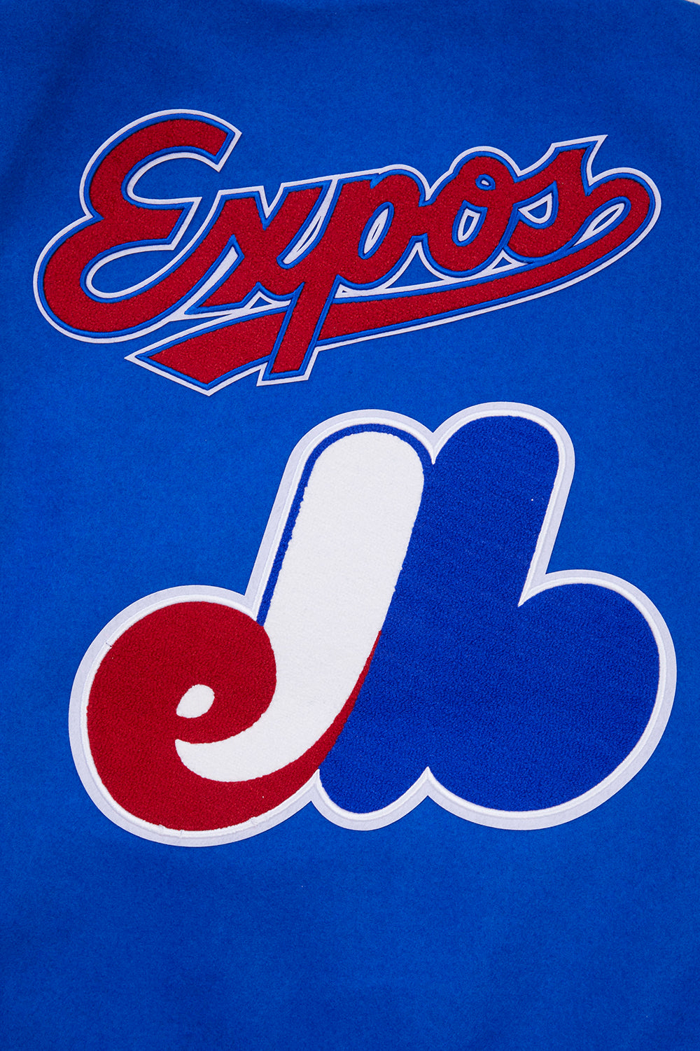 MLB MONTREAL EXPOS RETRO CLASSIC BLOUSON COLLÉGIAL EN LAINE À BORDS CÔTELÉS POUR HOMME (BLEU ROYAL/ROUGE)