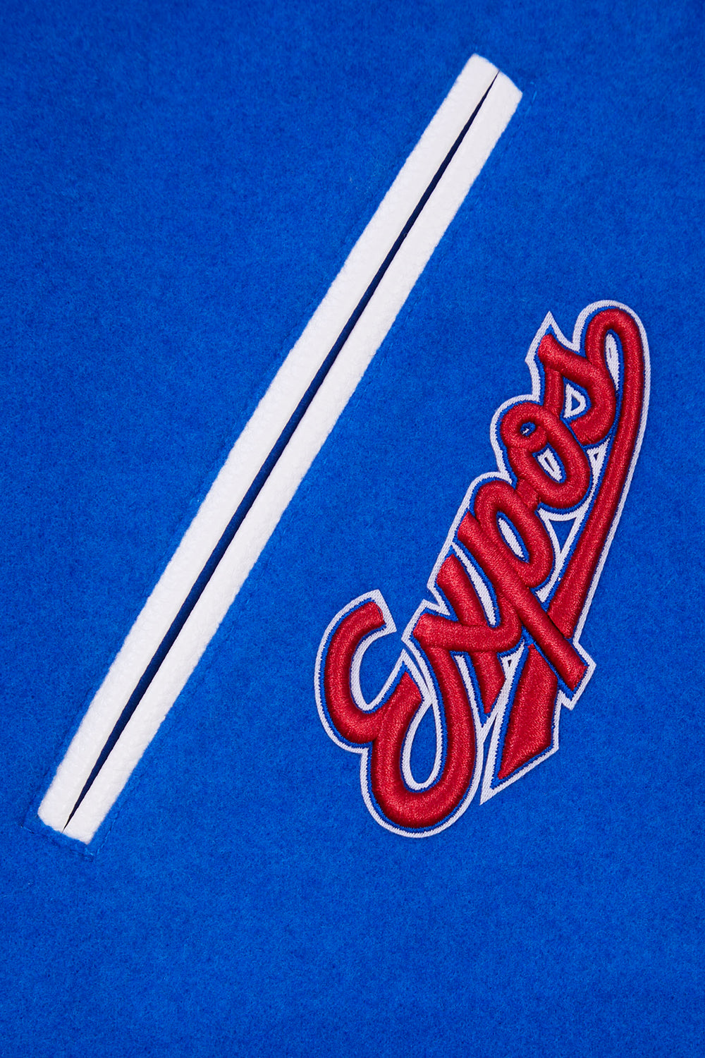 MLB MONTREAL EXPOS RETRO CLASSIC BLOUSON COLLÉGIAL EN LAINE À BORDS CÔTELÉS POUR HOMME (BLEU ROYAL/ROUGE)
