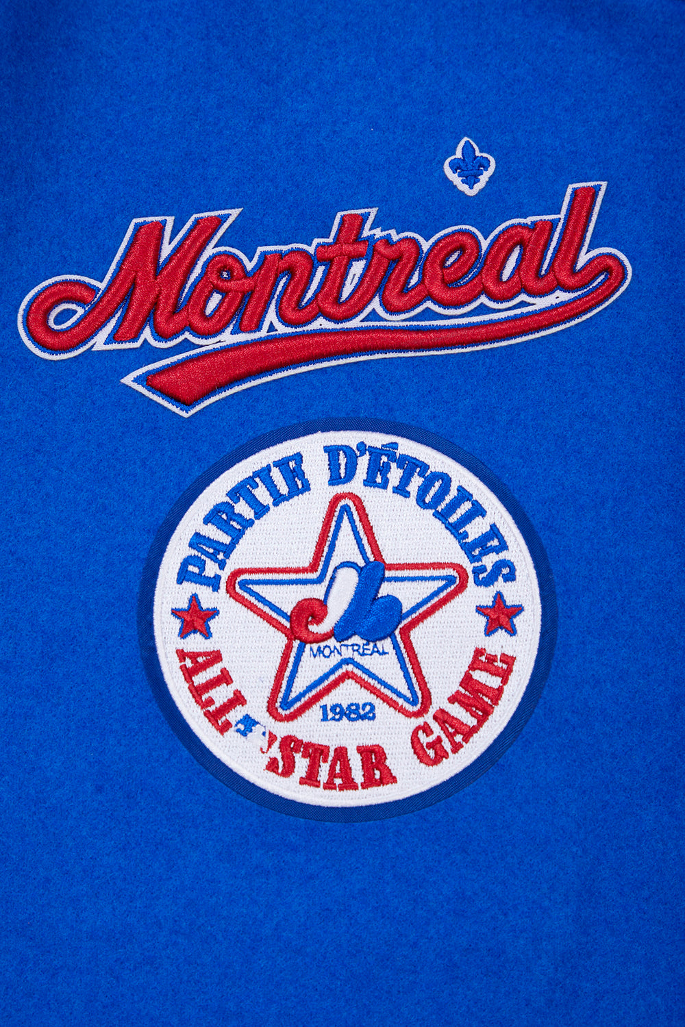 MLB MONTREAL EXPOS RETRO CLASSIC BLOUSON COLLÉGIAL EN LAINE À BORDS CÔTELÉS POUR HOMME (BLEU ROYAL/ROUGE)