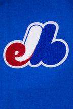 MLB MONTREAL EXPOS RETRO CLASSIC BLOUSON COLLÉGIAL EN LAINE À BORDS CÔTELÉS POUR HOMME (BLEU ROYAL/ROUGE)