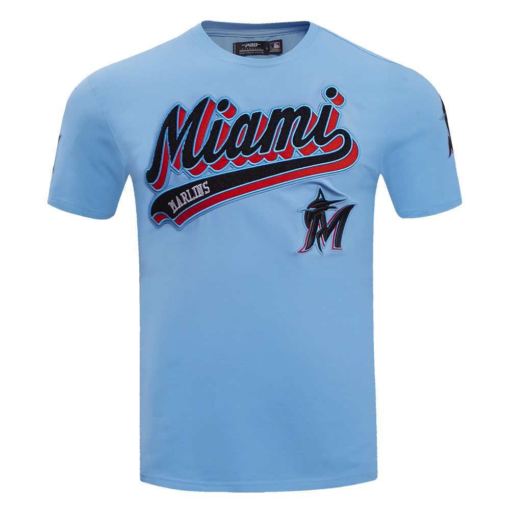 MLB MIAMI MARLINS SCRIPT TAIL HAUT EN JERSEY SIMPLE POUR HOMME (BLEU UNIVERSITÉ)