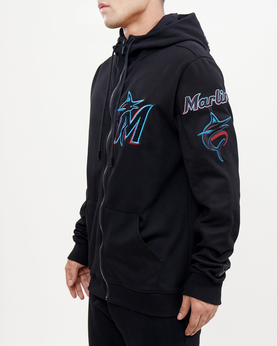 MLB MIAMI MARLINS CLASSIC CHENILLE MEN'S FULL ZIP PULLOVER HOODIE (BLACK)