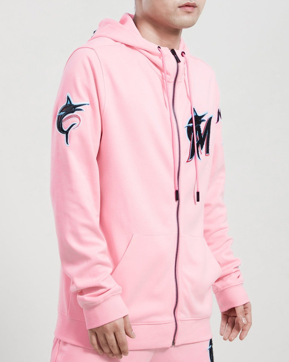 MLB MIAMI MARLINS CLASSIC CHENILLE MEN'S FULL ZIP PULLOVER HOODIE (PINK)