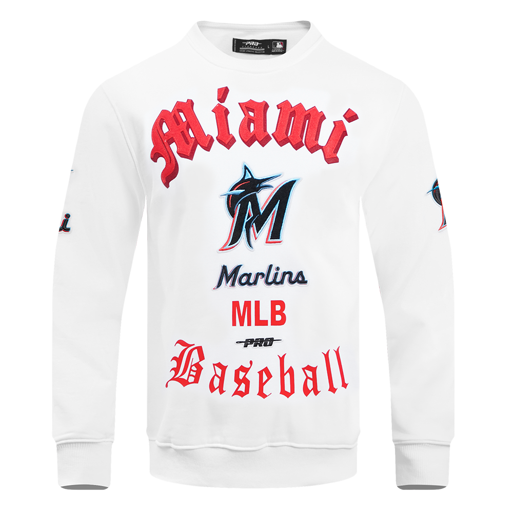 MLB MIAMI MARLINS OLD ENGLISH MEN'S FLC CREWNECK (WHITE)