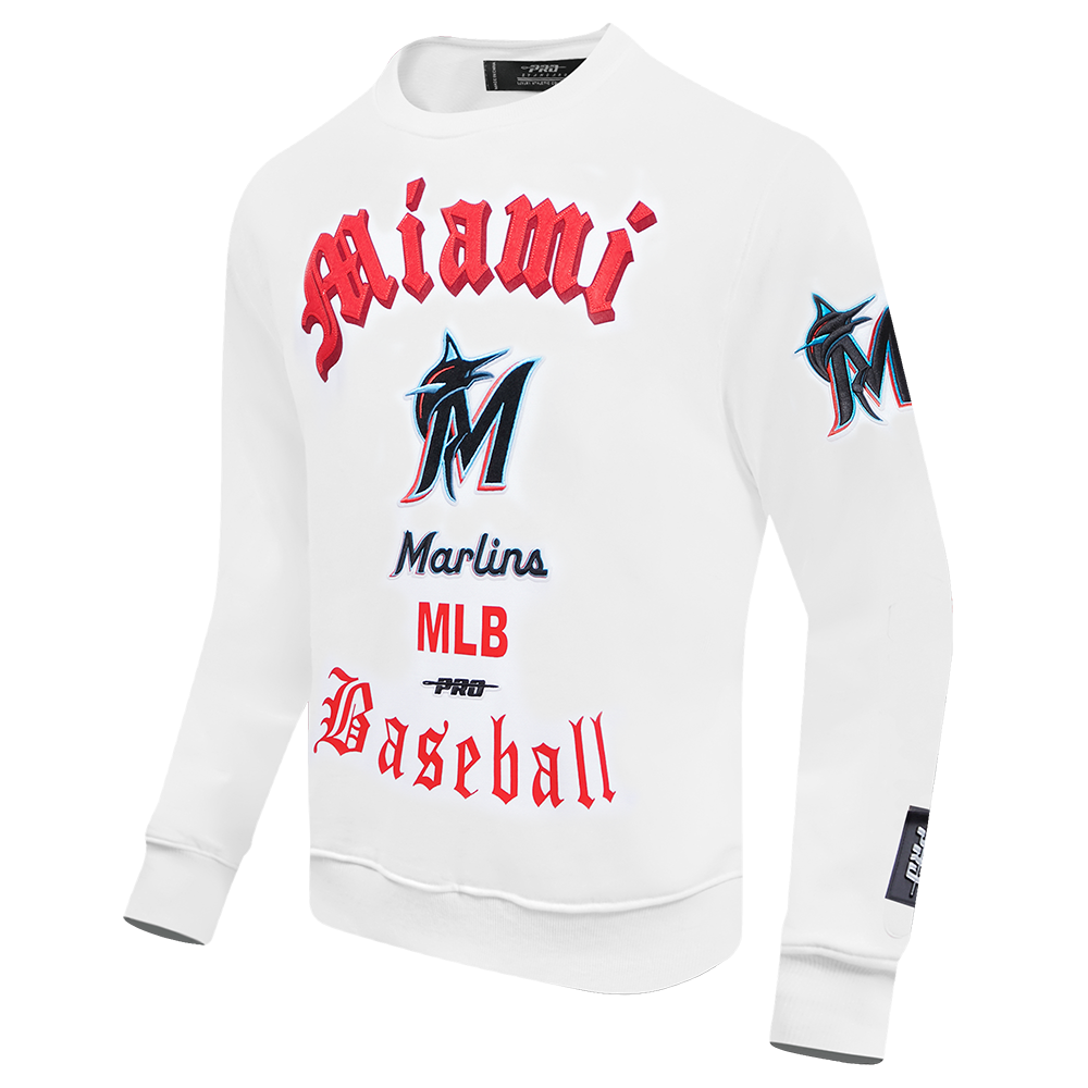 MLB MIAMI MARLINS OLD ENGLISH MEN'S FLC CREWNECK (WHITE)