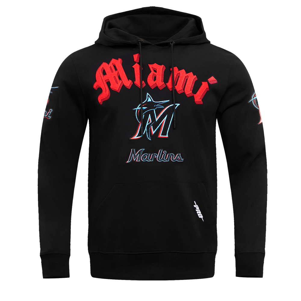 MLB MIAMI MARLINS OLD ENGLISH MEN'S PULLOVER HOODIE (BLACK)
