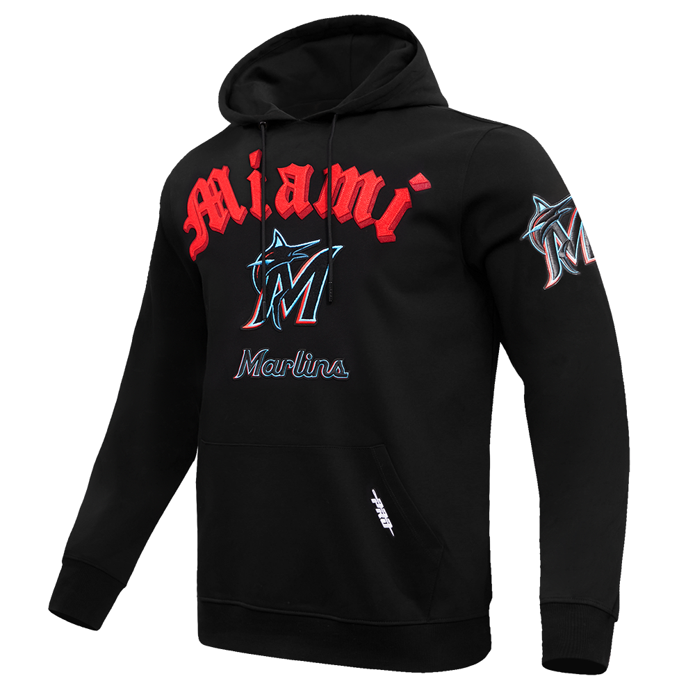 MLB MIAMI MARLINS OLD ENGLISH MEN'S PULLOVER HOODIE (BLACK)