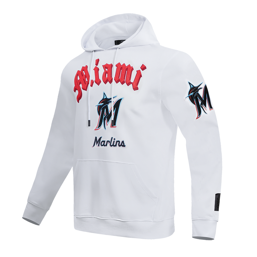 MLB MIAMI MARLINS OLD ENGLISH MEN'S PULLOVER HOODIE (WHITE)