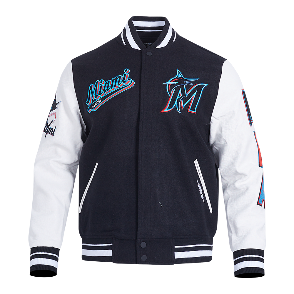 MLB MIAMI MARLINS SCRIPT TAIL MEN'S VARSITY JACKET (BLACK/WHITE)