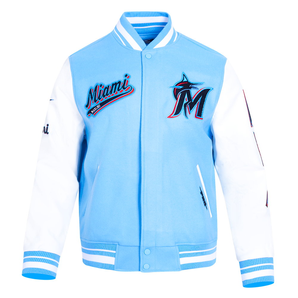 MLB MIAMI MARLINS SCRIPT TAIL MEN'S VARSITY JACKET (UNIVERSITY BLUE/WHITE)