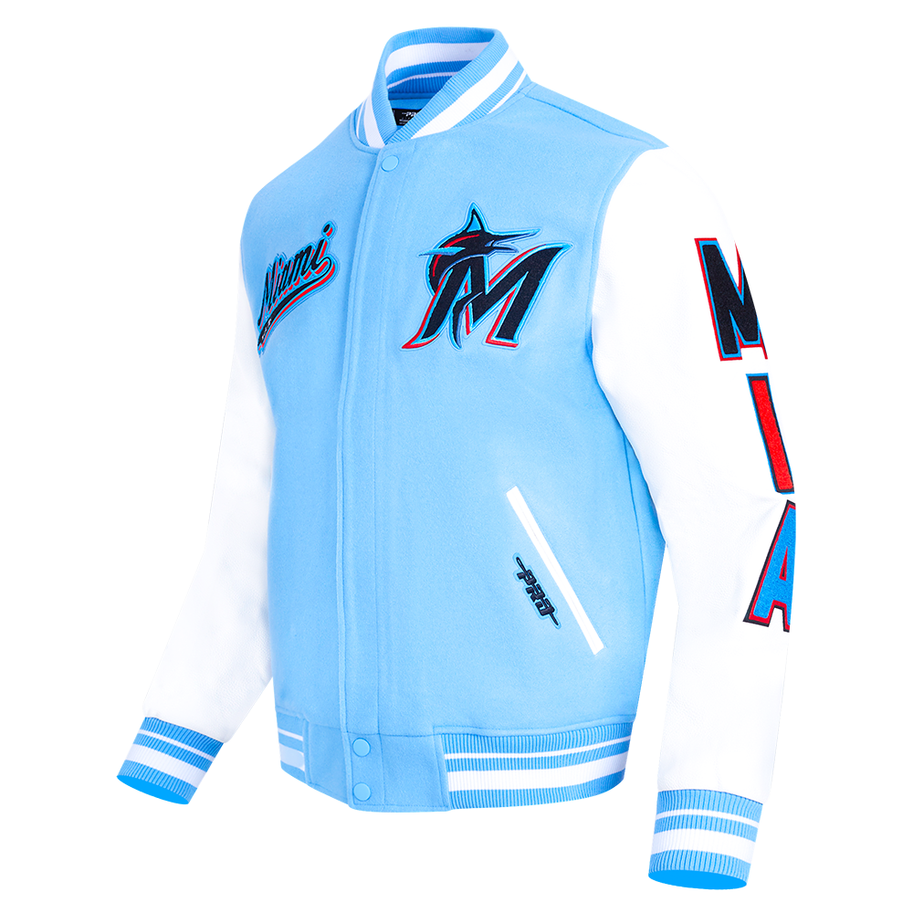 MLB MIAMI MARLINS SCRIPT TAIL MEN'S VARSITY JACKET (UNIVERSITY BLUE/WHITE)