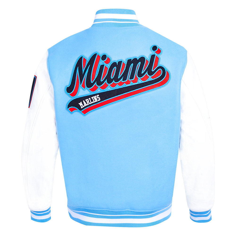 MLB MIAMI MARLINS SCRIPT TAIL MEN'S VARSITY JACKET (UNIVERSITY BLUE/WHITE)