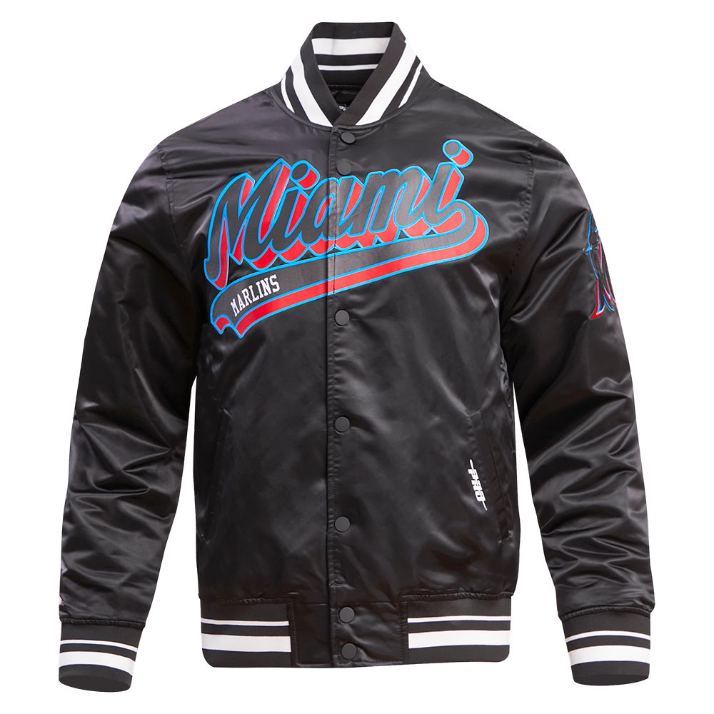 MLB MIAMI MARLINS SCRIPT TAIL MEN'S SATIN JACKET (BLACK)