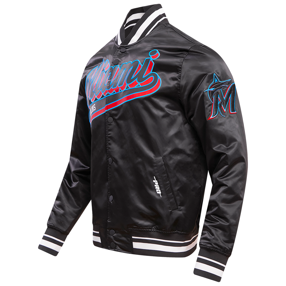MLB MIAMI MARLINS SCRIPT TAIL MEN'S SATIN JACKET (BLACK)