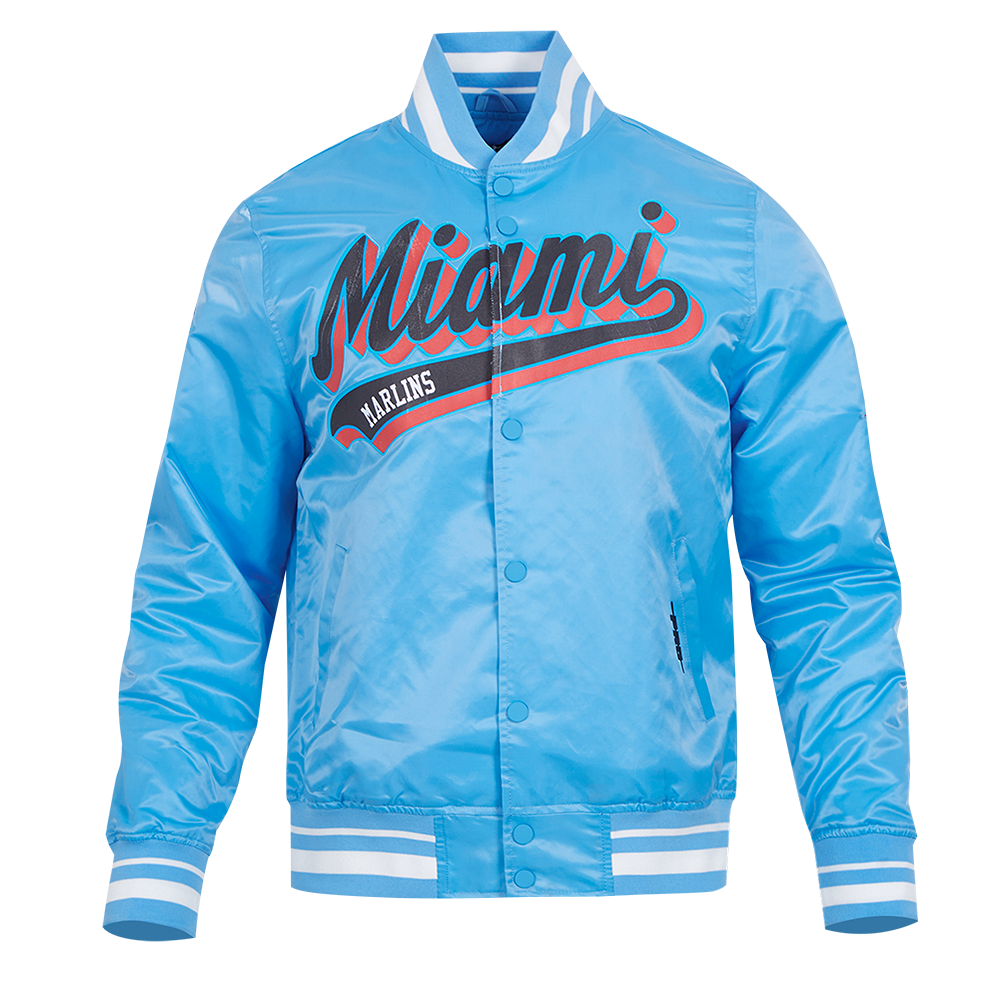MLB MIAMI MARLINS SCRIPT TAIL MEN'S SATIN JACKET (UNIVERSITY BLUE)