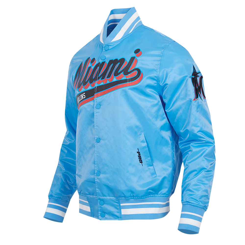 MLB MIAMI MARLINS SCRIPT TAIL MEN'S SATIN JACKET (UNIVERSITY BLUE)