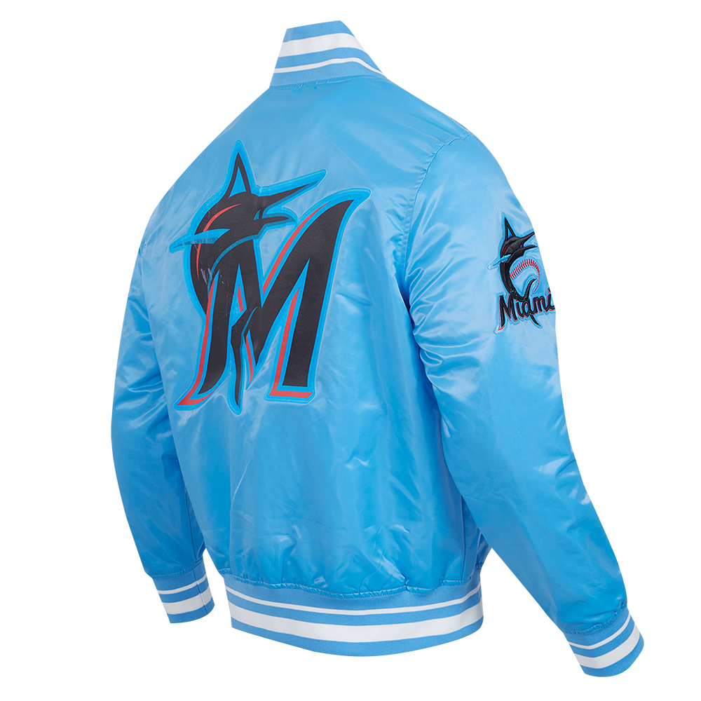 MLB MIAMI MARLINS SCRIPT TAIL MEN'S SATIN JACKET (UNIVERSITY BLUE)