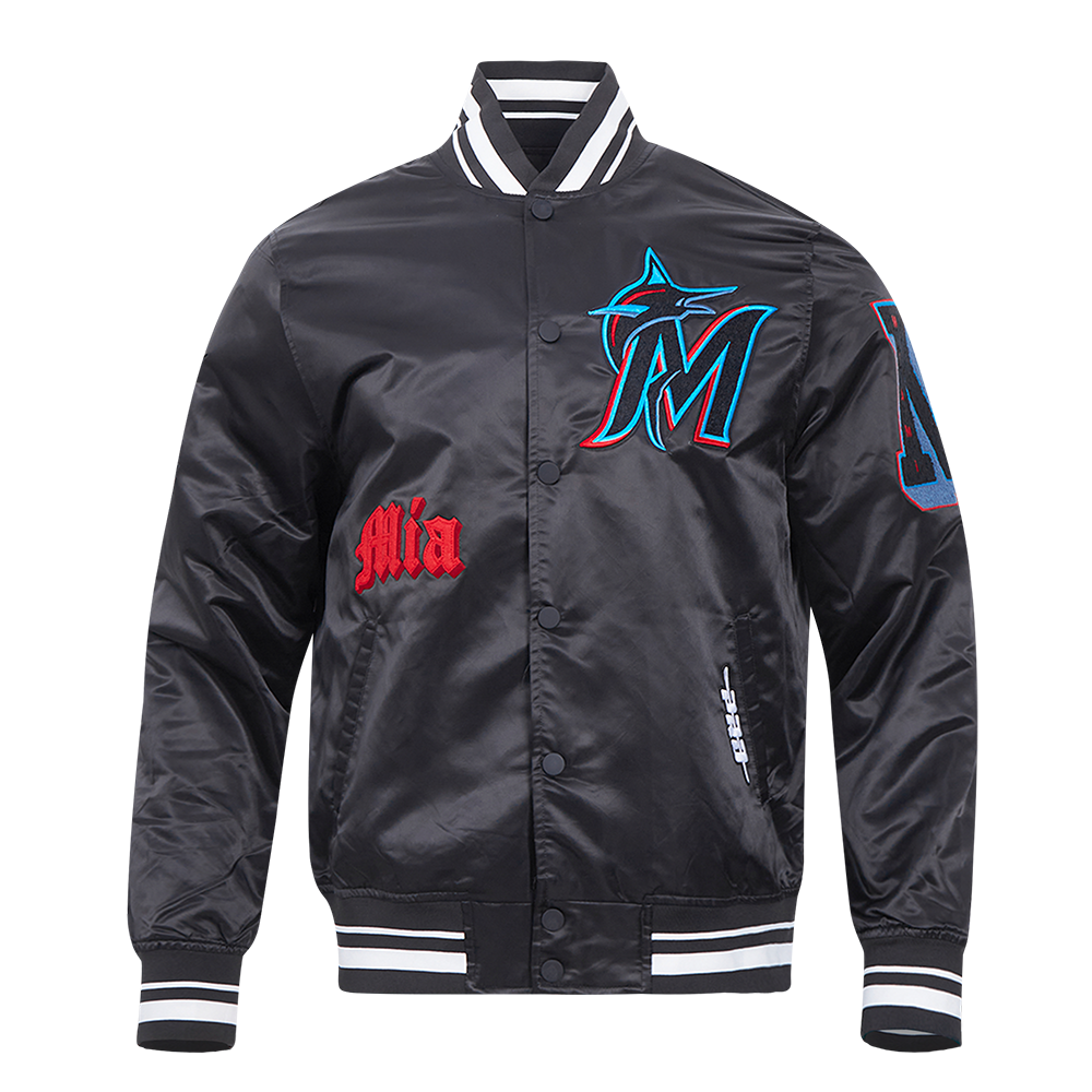 MLB MIAMI MARLINS OLD ENGLISH MEN'S RIB SATIN JACKET (BLACK)