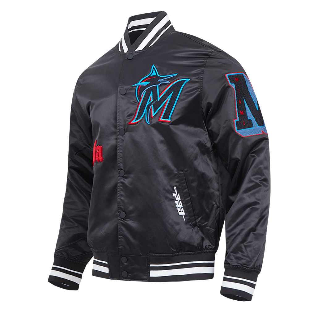 MLB MIAMI MARLINS OLD ENGLISH MEN'S RIB SATIN JACKET (BLACK)