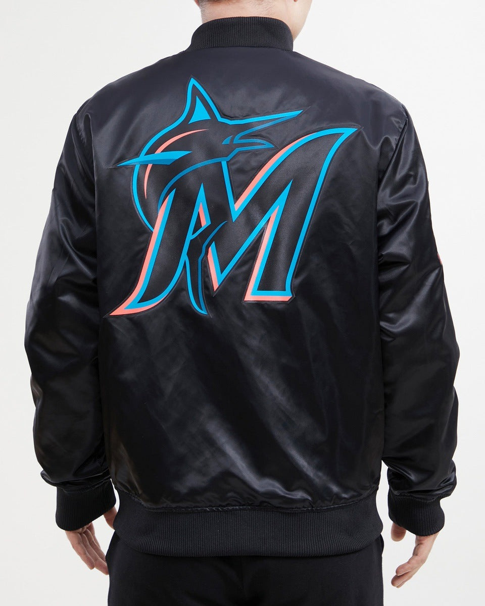 MLB MIAMI MARLINS TEAM BIG LOGO MEN'S SATIN JACKET (BLACK)