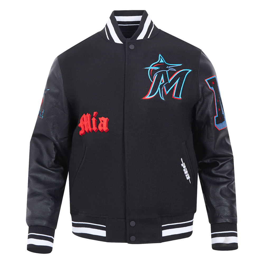 MLB MIAMI MARLINS OLD ENGLISH MEN'S RIB WOOL VARSITY JACKET (BLACK)