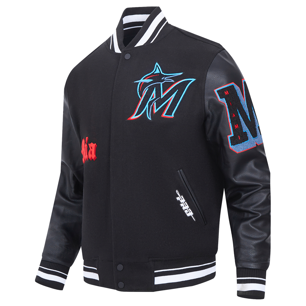 MLB MIAMI MARLINS OLD ENGLISH MEN'S RIB WOOL VARSITY JACKET (BLACK)