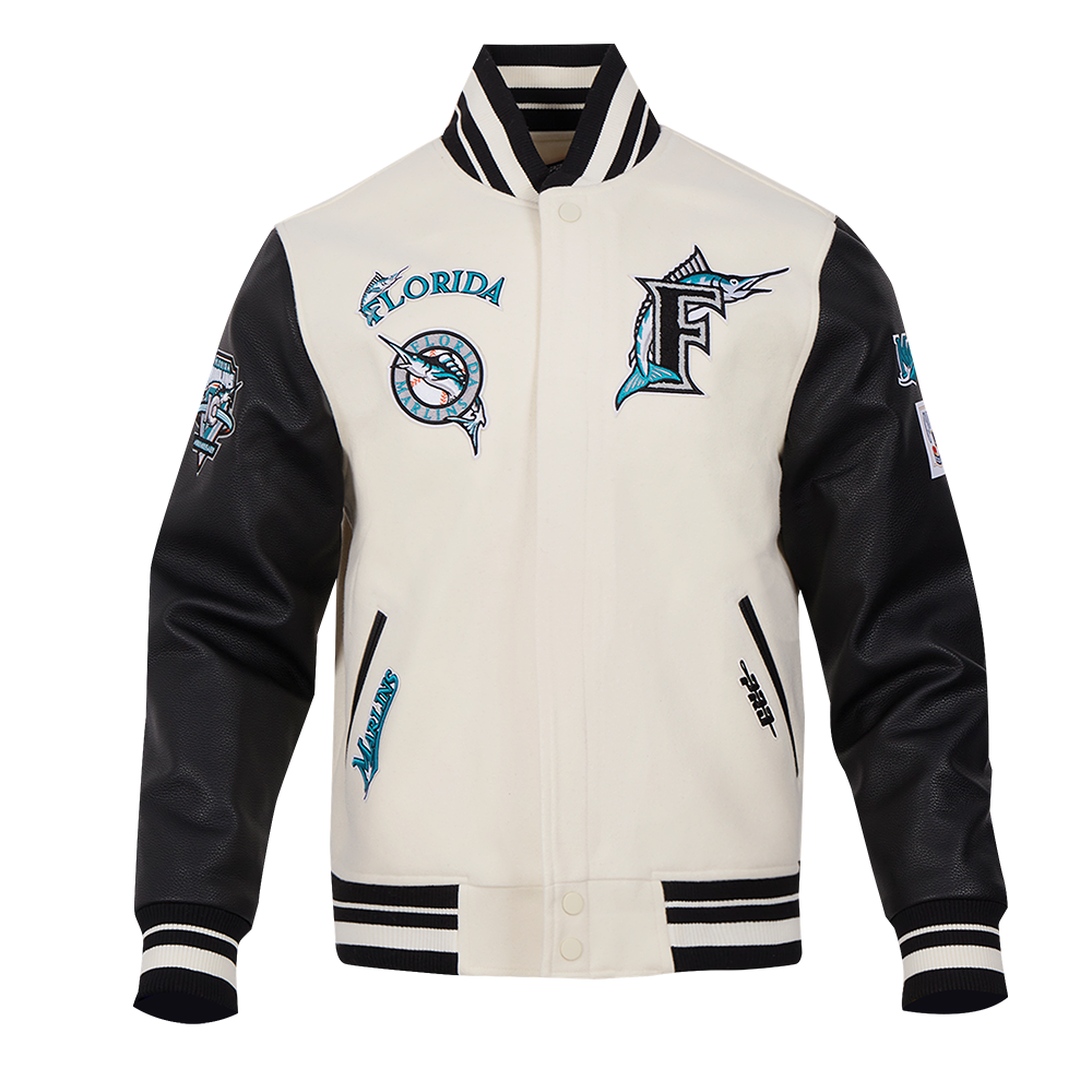 MLB FLORIDA MARLINS RETRO CLASSIC BLOUSON COLLÉGIAL EN LAINE À BORDS CÔTELÉS POUR HOMME (COQUILLE D'ŒUF/NOIR)