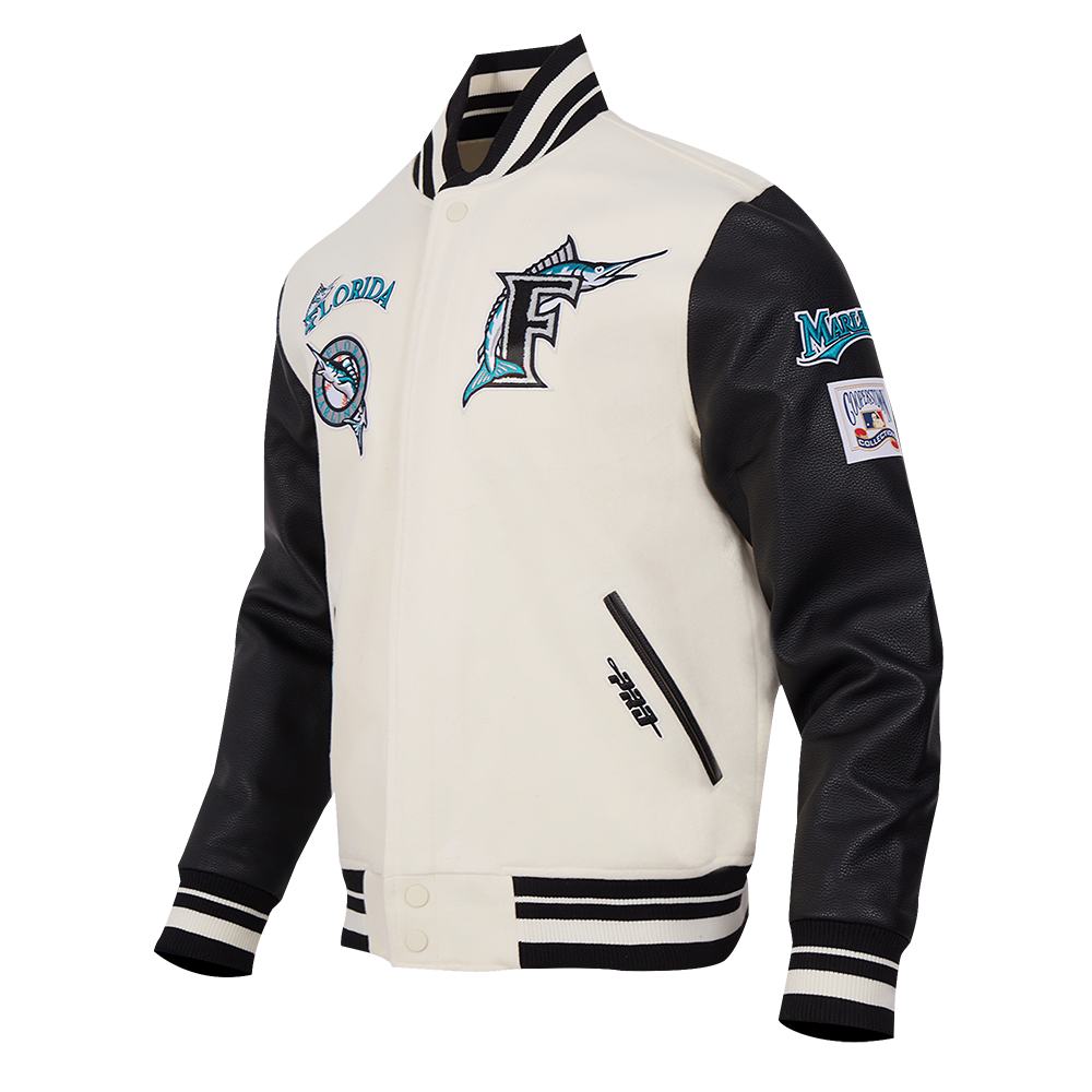 MLB FLORIDA MARLINS RETRO CLASSIC BLOUSON COLLÉGIAL EN LAINE À BORDS CÔTELÉS POUR HOMME (COQUILLE D'ŒUF/NOIR)