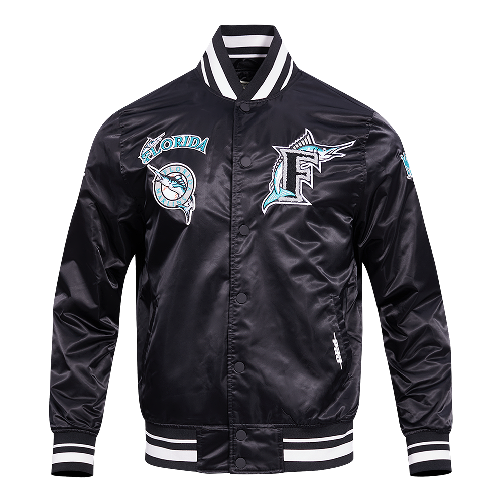 MLB FLORIDA MARLINS RETRO CLASSIC BLOUSON EN SATIN À BORDS CÔTELÉS POUR HOMME (NOIR)