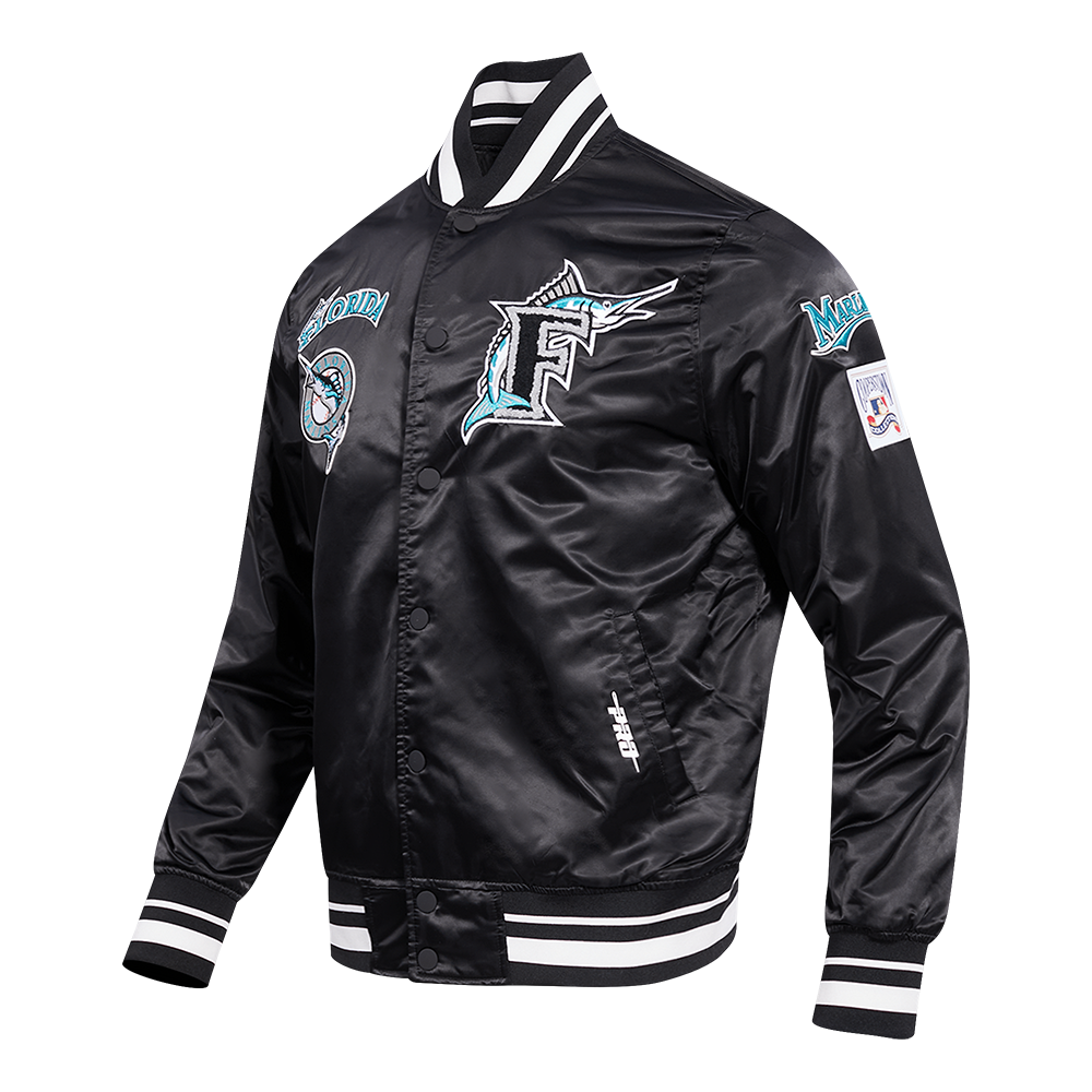 MLB FLORIDA MARLINS RETRO CLASSIC BLOUSON EN SATIN À BORDS CÔTELÉS POUR HOMME (NOIR)