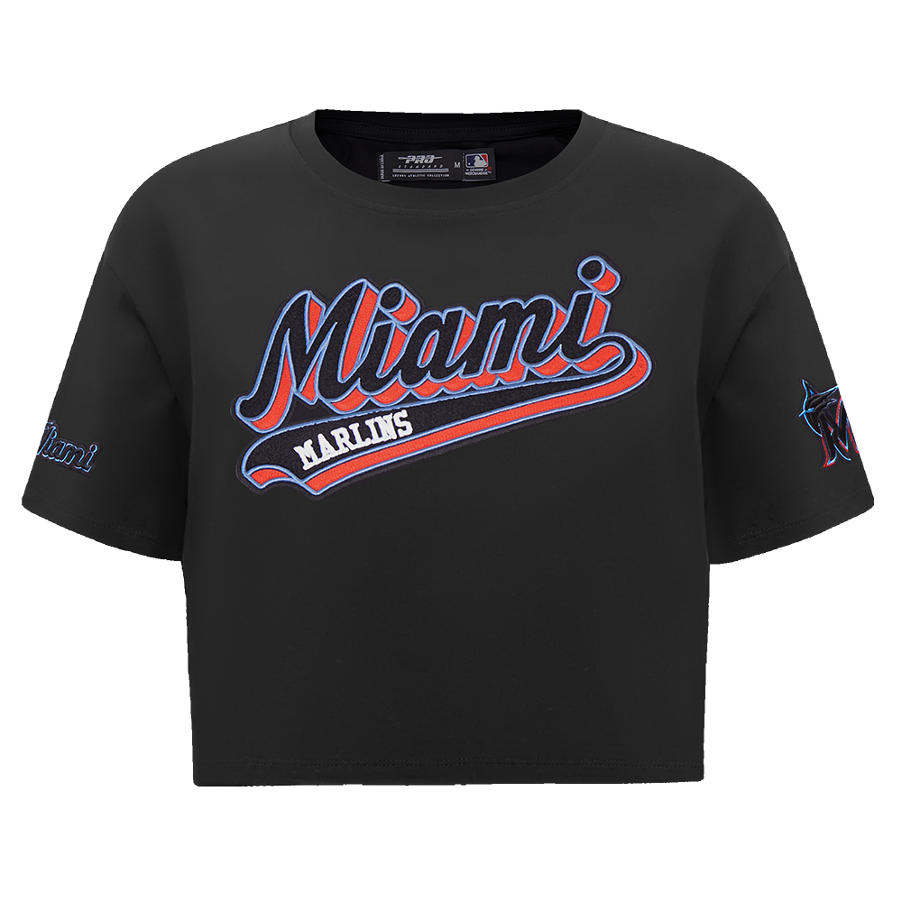 MLB MIAMI MARLINS SCRIPT TAIL HAUT EN JERSEY SIMPLE À COUPE CARRÉE POUR FEMME (NOIR)