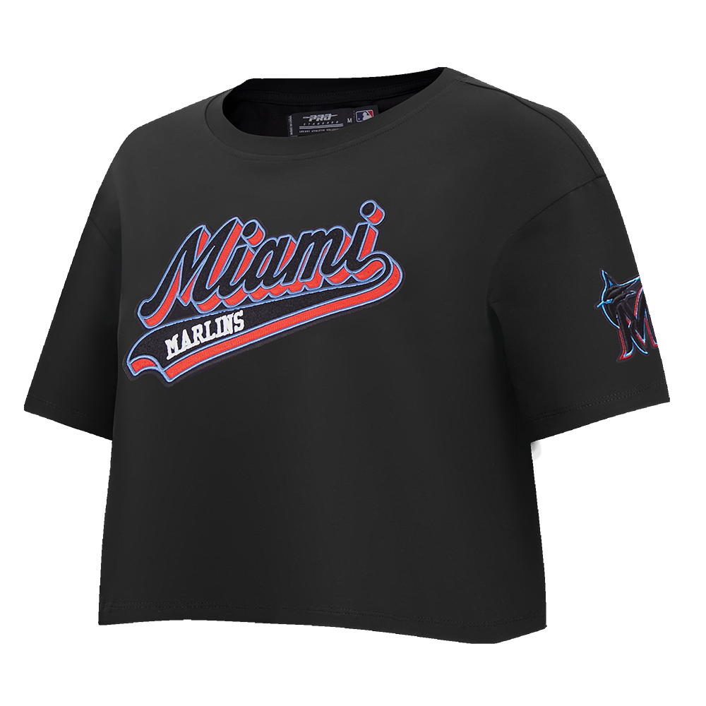 MLB MIAMI MARLINS SCRIPT TAIL HAUT EN JERSEY SIMPLE À COUPE CARRÉE POUR FEMME (NOIR)