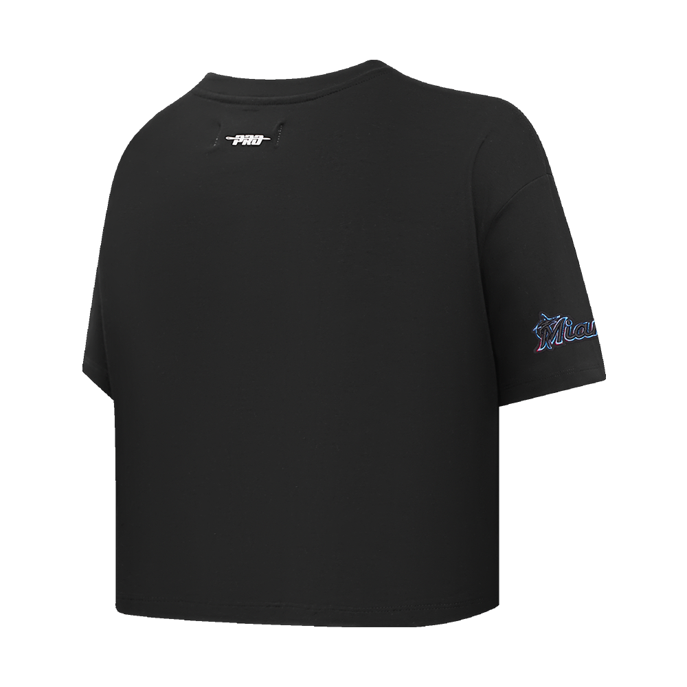MLB MIAMI MARLINS SCRIPT TAIL HAUT EN JERSEY SIMPLE À COUPE CARRÉE POUR FEMME (NOIR)