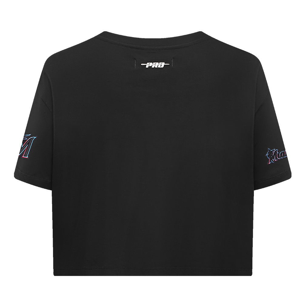 MLB MIAMI MARLINS SCRIPT TAIL HAUT EN JERSEY SIMPLE À COUPE CARRÉE POUR FEMME (NOIR)