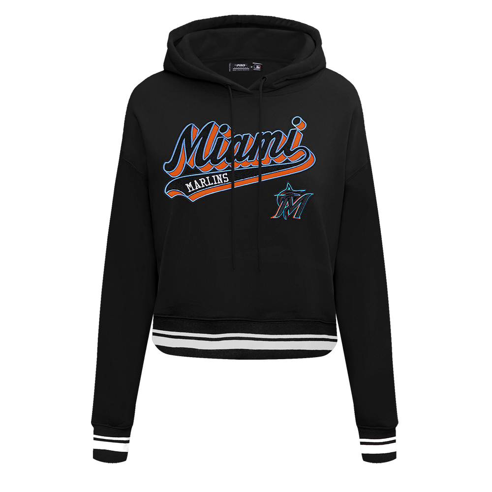 MLB MIAMI MARLINS SCRIPT TAIL CHANDAIL À CAPUCHON COURT EN MOLLETON CÔTELÉ POUR FEMME (NOIR)