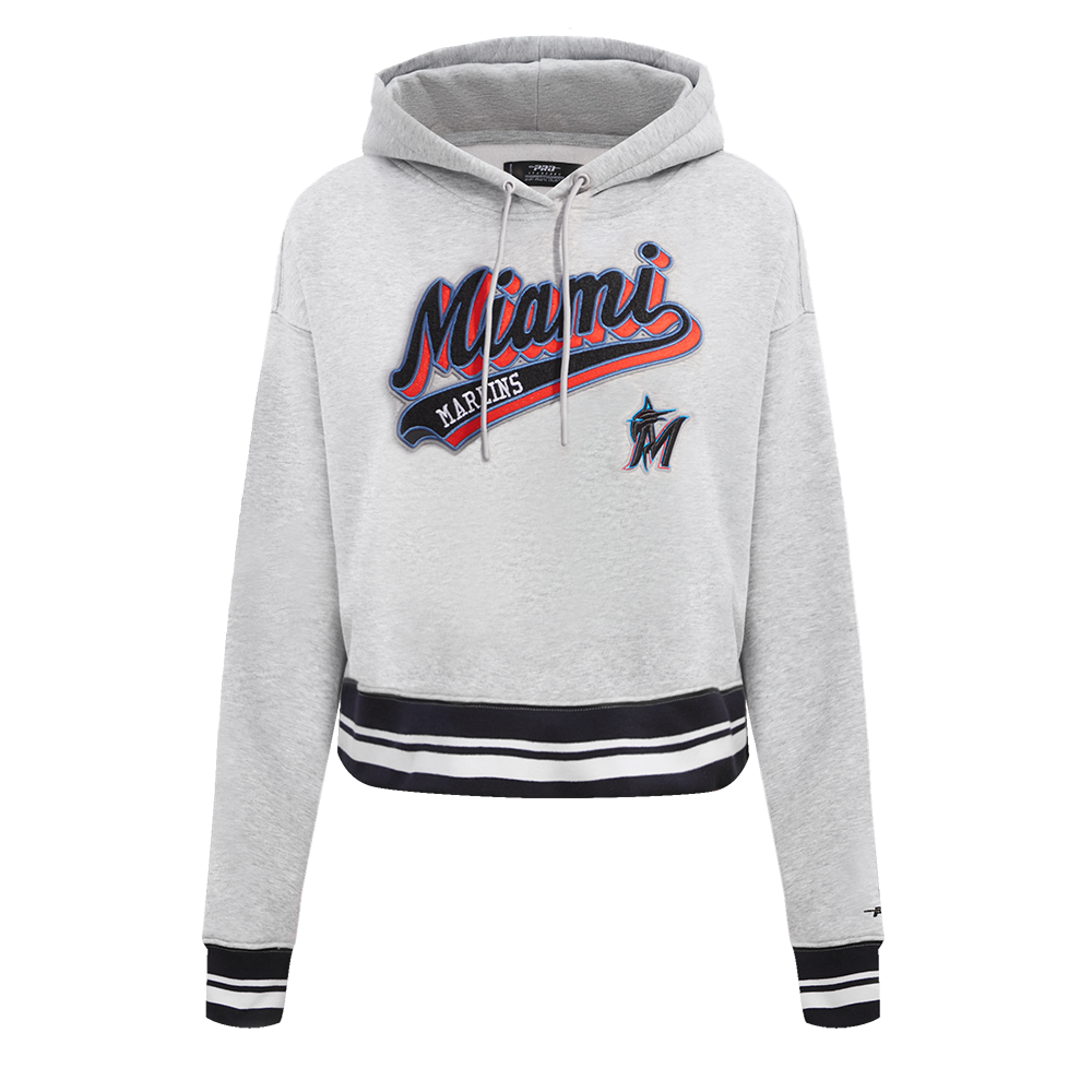 MLB MIAMI MARLINS SCRIPT TAIL CHANDAIL À CAPUCHON COURT EN MOLLETON CÔTELÉ POUR FEMME (GRIS CHINÉ/NOIR)