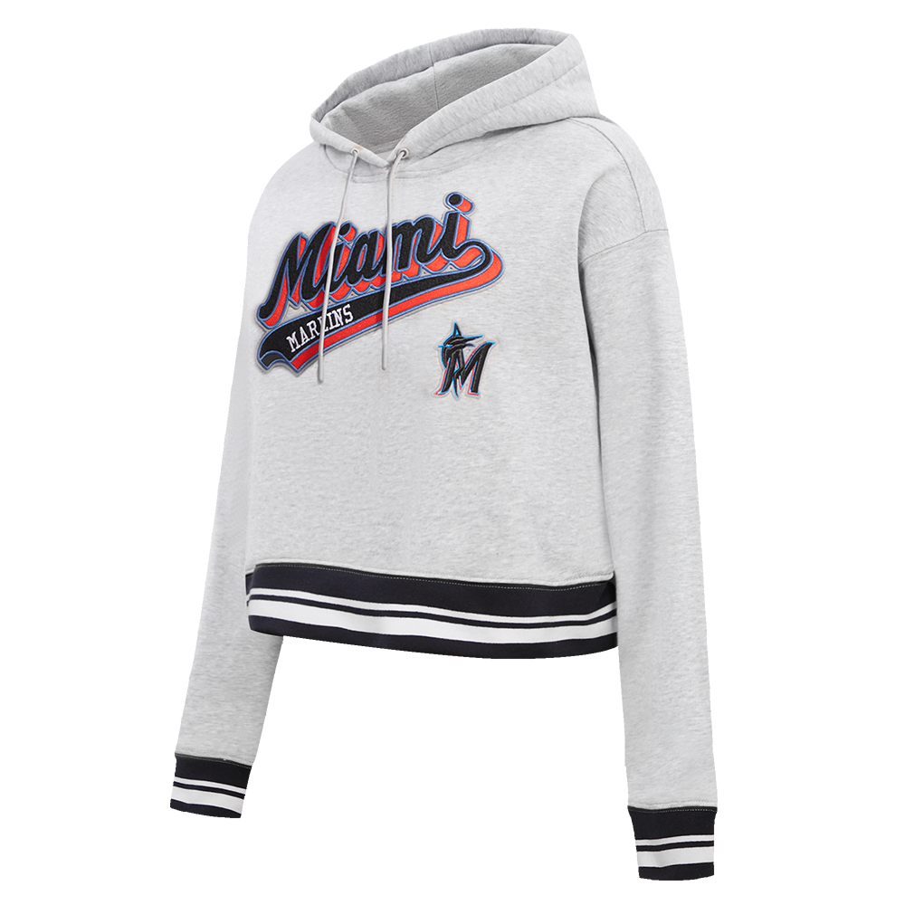 MLB MIAMI MARLINS SCRIPT TAIL WOMEN'S RIB FLEECE CROPPED PULLOVER HOODIE (HEATHER GRAY/BLACK)