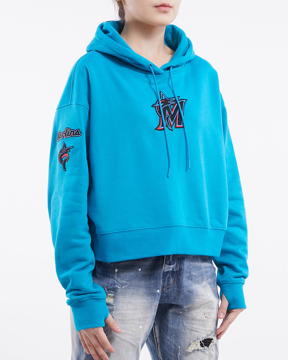 MLB MIAMI MARLINS CLASSIC WOMEN'S CROPPED PO HOODIE (TEAL)