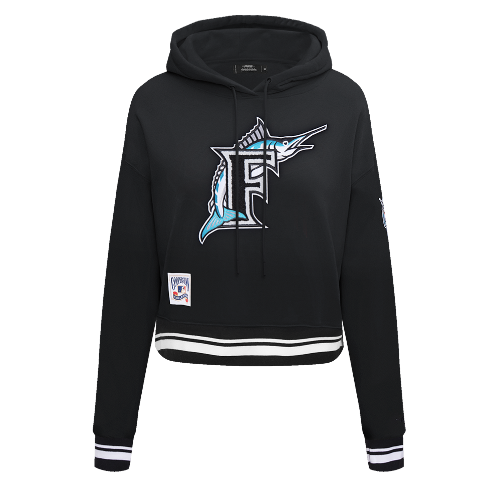 MLB FLORIDA MARLINS RETRO CLASSIC WOMEN'S CROPPED PULLOVER HOODIE (BLACK)