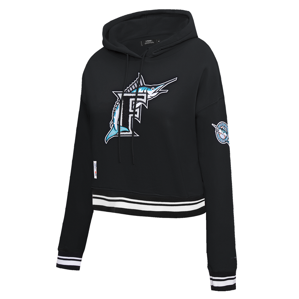 MLB FLORIDA MARLINS RETRO CLASSIC WOMEN'S CROPPED PULLOVER HOODIE (BLACK)