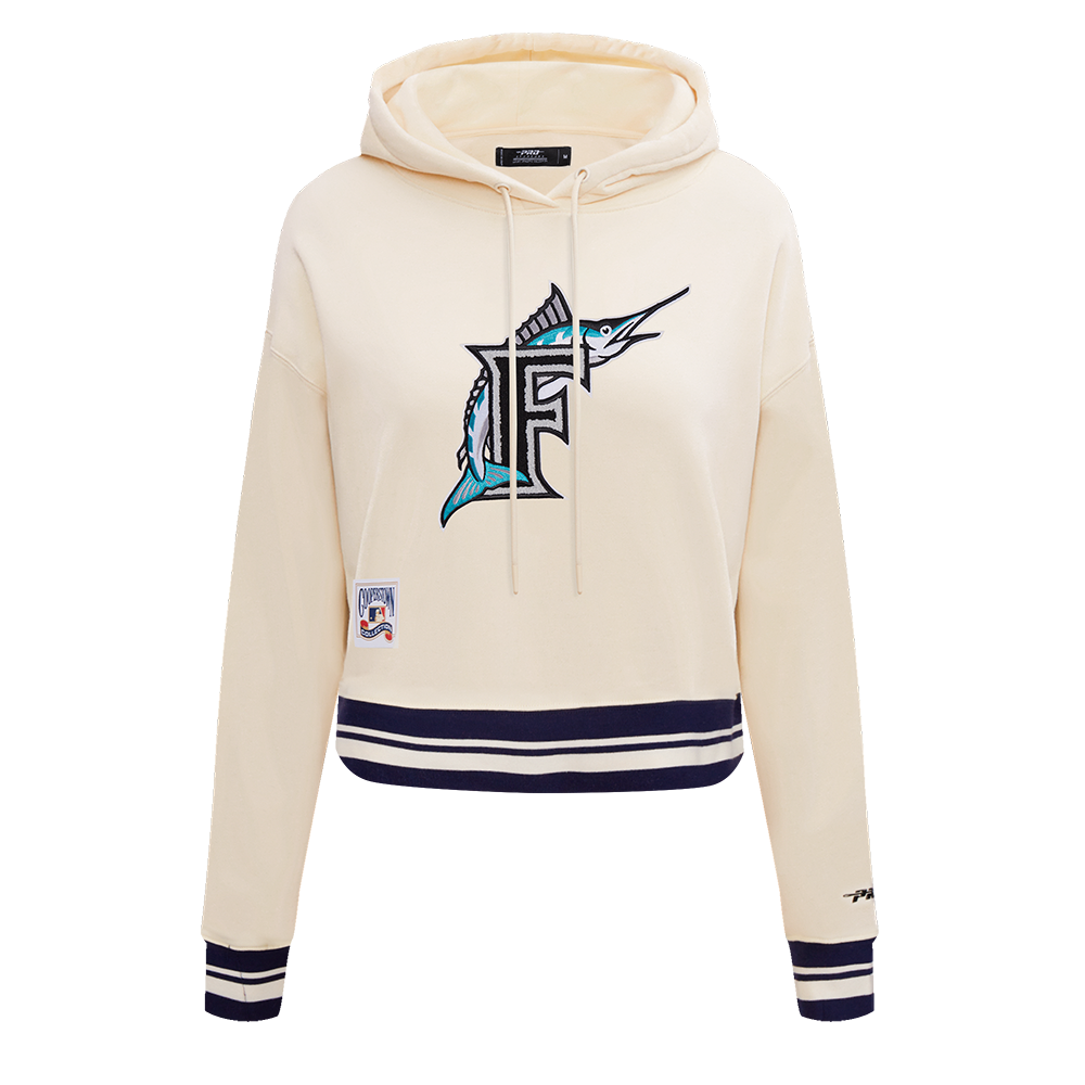 MLB FLORIDA MARLINS RETRO CLASSIC WOMEN'S CROPPED PULLOVER HOODIE (EGGSHELL/ BLACK)