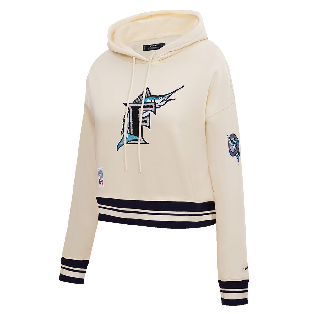 MLB FLORIDA MARLINS RETRO CLASSIC WOMEN'S CROPPED PULLOVER HOODIE (EGGSHELL/ BLACK)