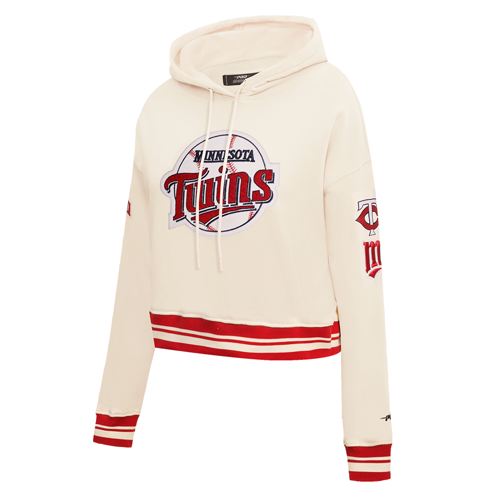 MLB MINNESOTA TWINS RETRO CLASSIC WOMEN'S RIB CROPPED PULLOVER HOODIE (EGGSHELL/ RED)