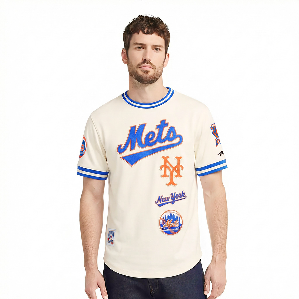 MLB NEW YORK METS RETRO CLASSICS HAUT EN MAILLE DOUBLE POUR HOMME (COQUILLE D'ŒUF/BLEU ROYAL)