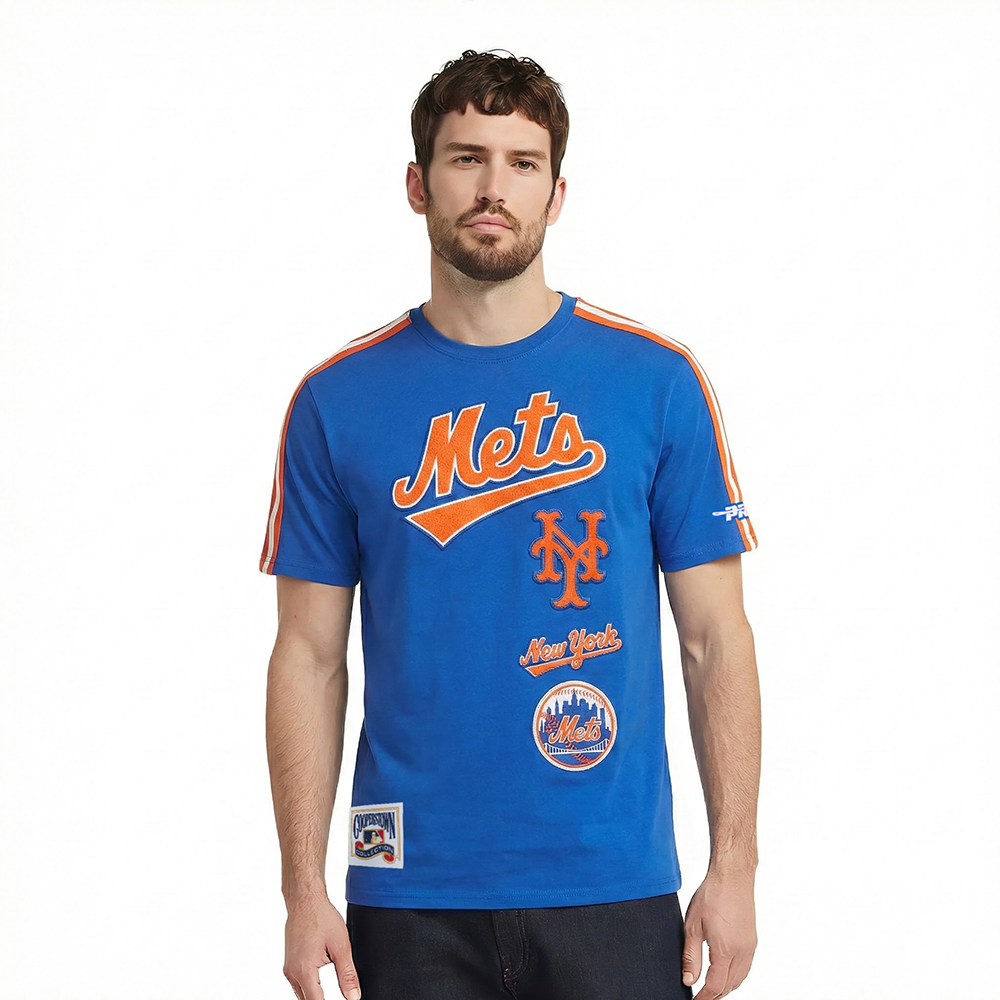 MLB NEW YORK METS RETRO CLASSICS HAUT EN JERSEY SIMPLE À BANDES POUR HOMME (BLEU ROYAL/ORANGE)