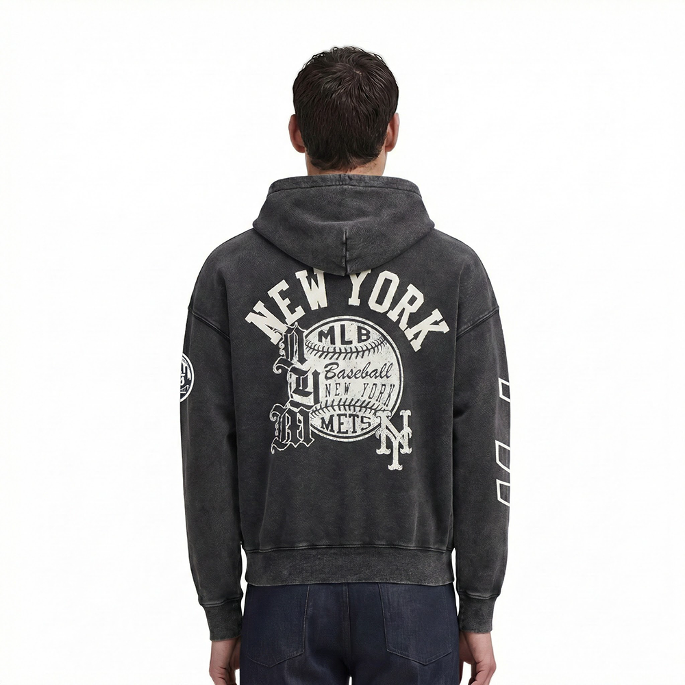 MLB NEW YORK METS STREET TEAM MEN'S ENZYME WASH DS FT PO HOODIE (WASHED BLACK)