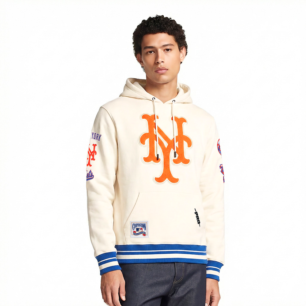 MLB NEW YORK METS RETRO CLASSICS MEN'S RIB FLC PO HOODIE (EGGSHELL/ROYAL BLUE)