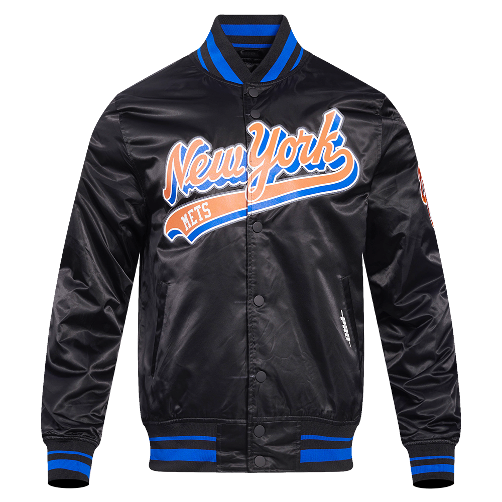 MLB NEW YORK METS SCRIPT TAIL MEN'S SATIN JACKET (BLACK/ROYAL BLUE/BLACK)